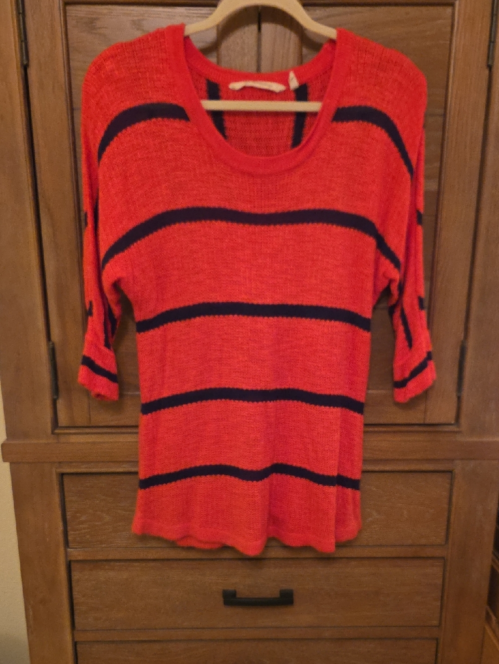 Soft Surroundings Coral/Red Scoop-Neck Sweater with Navy Stripes